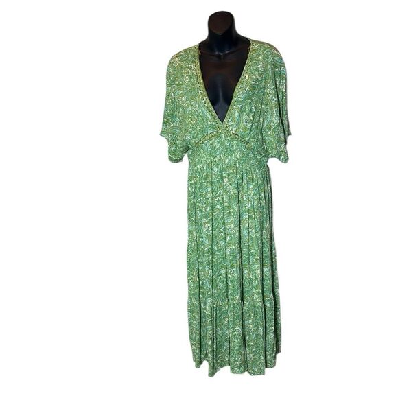 Zara women’s xl tiered maxi dress gauzy paisley boho beaded smock waist - Picture 2 of 9